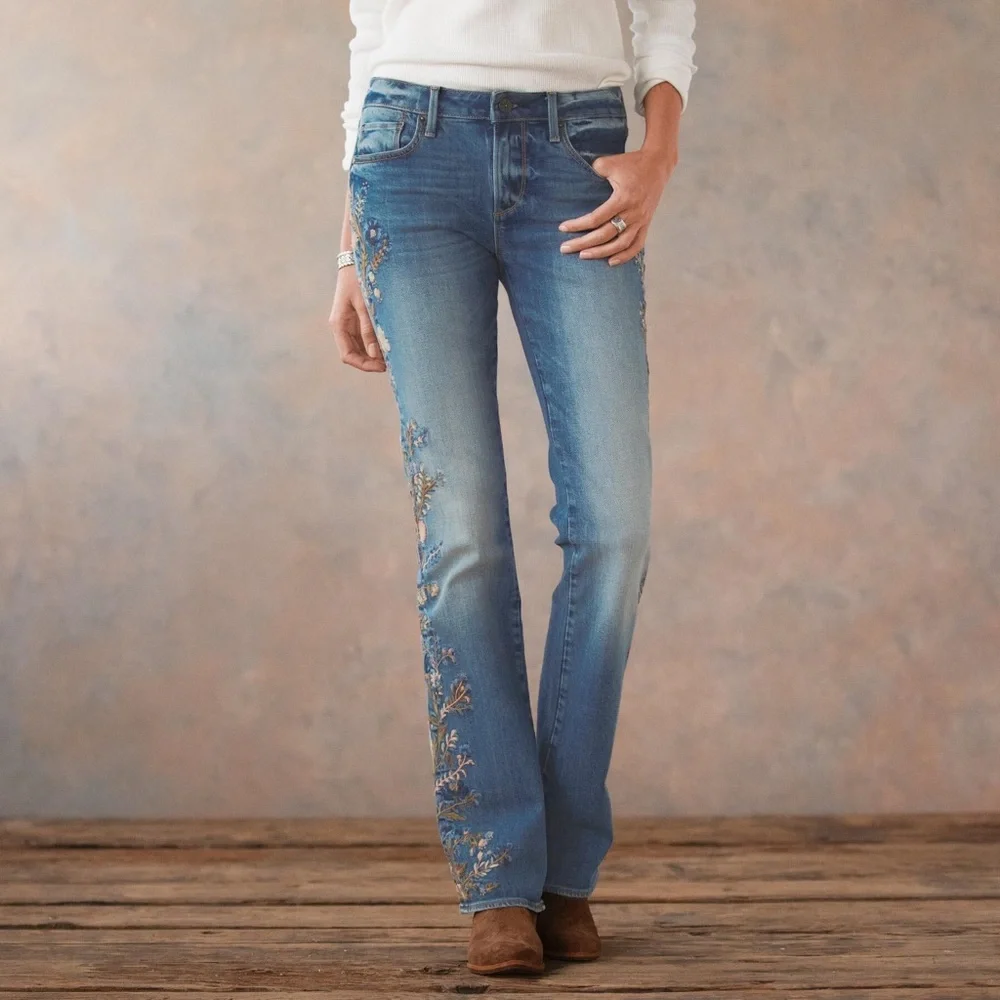 DRIFTWOOD Blue Boot Cut Jeans with Embroidered Floral Side - Picture 4 of 6